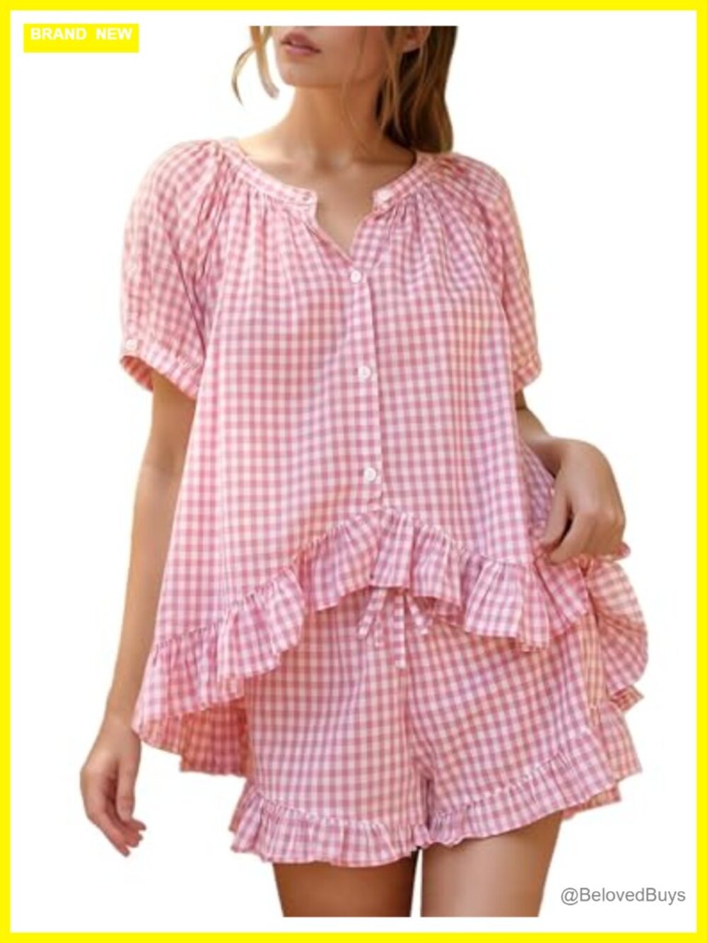 Cotton Gingham Pajama Set Button Down Babydoll Top Ruffle Shorts Lounge